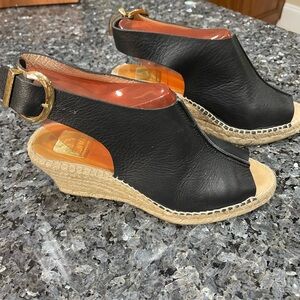 Kanna Spain Soft Black Leather Espadrille Wedges Peep Toe Size 38